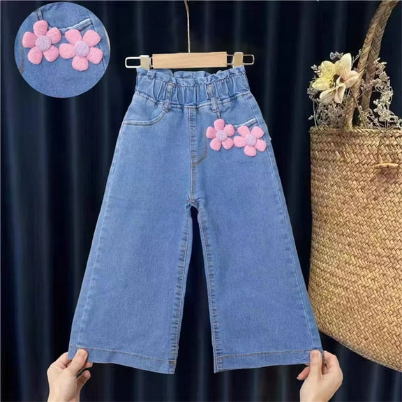 UQJfacai Girls Bagy Jeans Toddler Floral Wide Leg Demin Pants Kids Elastic Waist Casual Cute Strechy Trousers with Pockets 2-8 Years