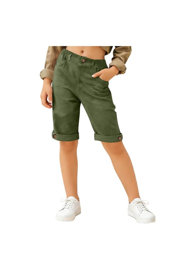 Girls Bermuda Shorts Elastic Waist Knee Length Rolled Hem Long Shorts Summer Casual Solid Straight Leg Short Pants 5-16 Years