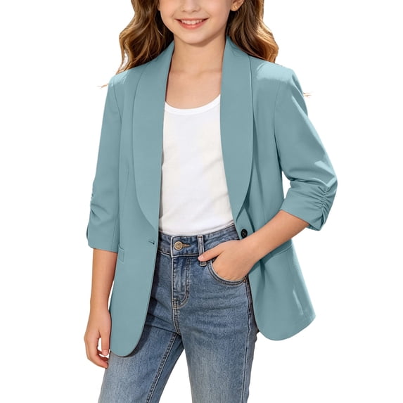 UQJfacai Girls Blazer Jacket Teen Suit Kids Long Sleeve Shawl Collar One Button Graduation Formal Blazers Pockets 4-15 Years