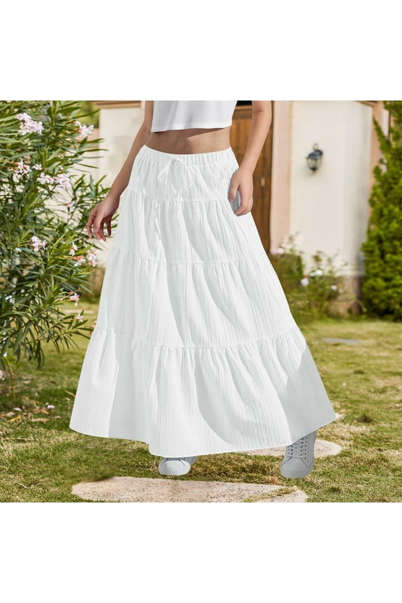 Girls Boho Casual Elastic High Waist Tiered Ruffle Hem Swing Maxi Skirt Lids Flared Summer Long Skirts 4-15 Years