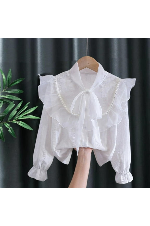 Girls Button Down Shirt Mesh Ruffle Long Sleeve Smocked Blouse Pearl Decor Bow Front Tie Neck Cute Top 3-14 Years