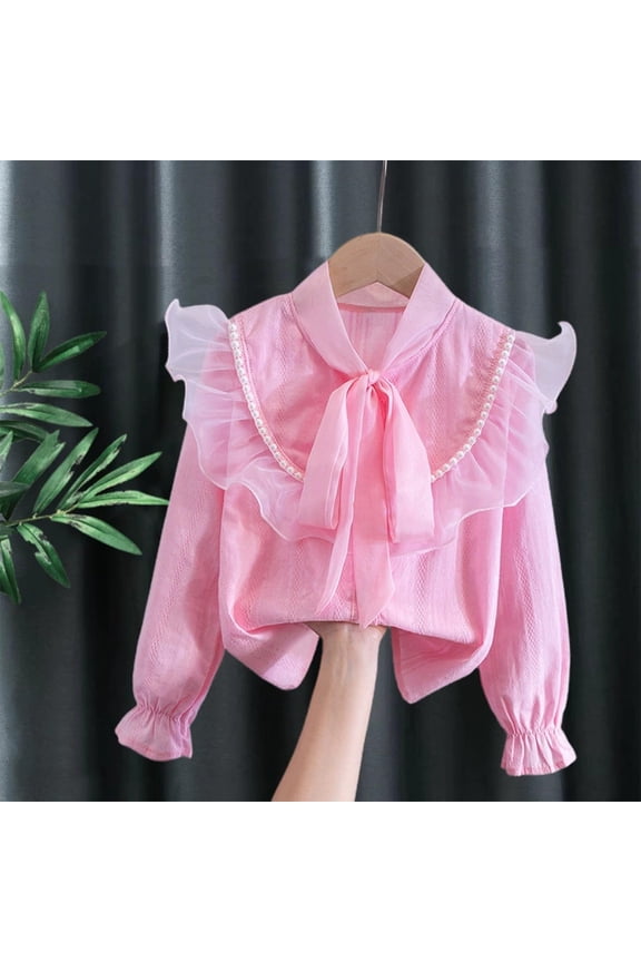 Girls Button Down Shirt Mesh Ruffle Long Sleeve Smocked Blouse Pearl Decor Bow Front Tie Neck Cute Top 3-14 Years