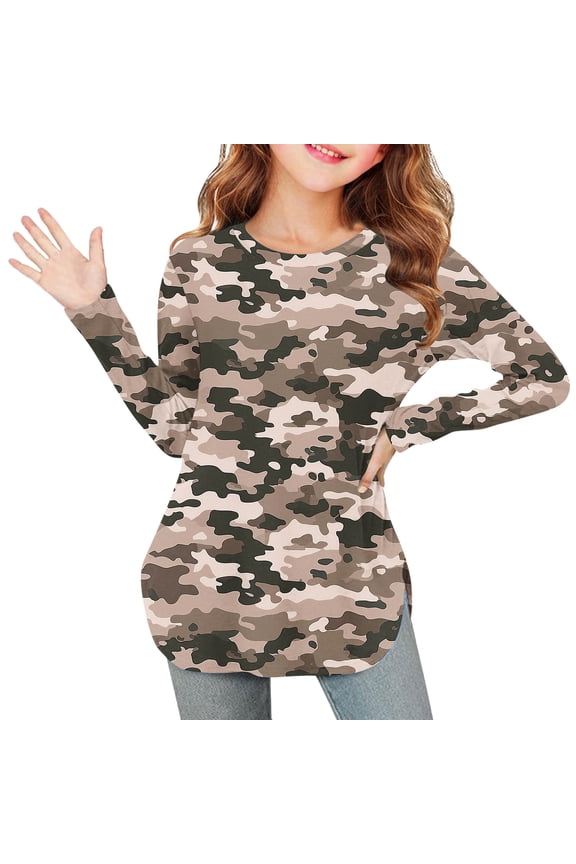 Girls Camo Shirt Kids Crewneck Long Sleeve Tunic Tops Fall Curve Hem Side Slit Casual Cute Blouses Tee 3-12 Years