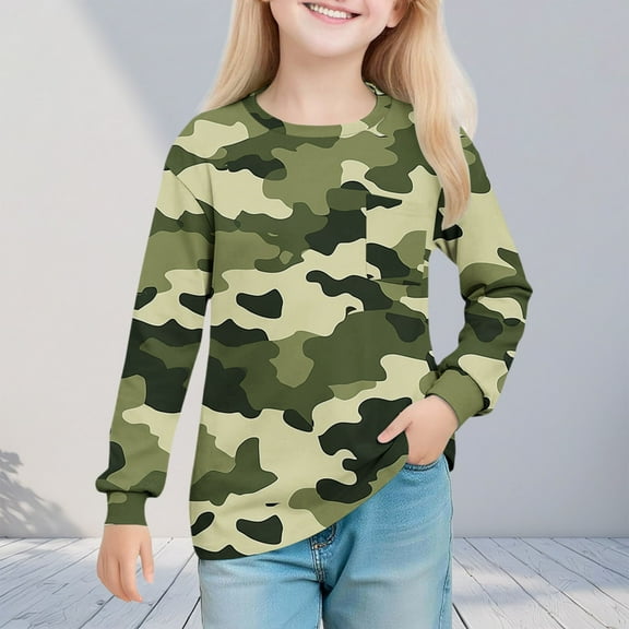 UQJfacai Girls Camo Shirts Crewneck Long Sleeve Tops Graphic Tees Casual Loose Soft Pullover Blouse T-Shirt with Pocket 5-14 Years