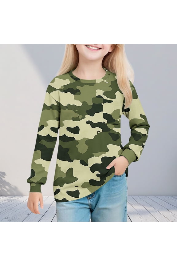 Girls Camo Shirts Crewneck Long Sleeve Tops Graphic Tees Casual Loose Soft Pullover Blouse T-Shirt with Pocket 5-14 Years