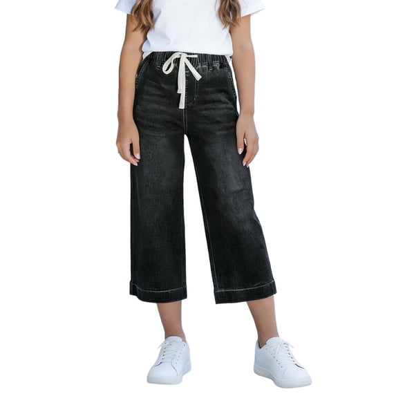 UQJfacai Girls Capri Jeans Wide Leg Washed Cropped Denim Pants Summer Kids Retro Drawstring Straight Capris with Pockets 4-15 Years