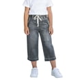 thumbnail image 1 of UQJfacai Girls Capri Jeans Wide Leg Washed Cropped Denim Pants Summer Kids Retro Drawstring Straight Capris with Pockets 4-15 Years, 1 of 7