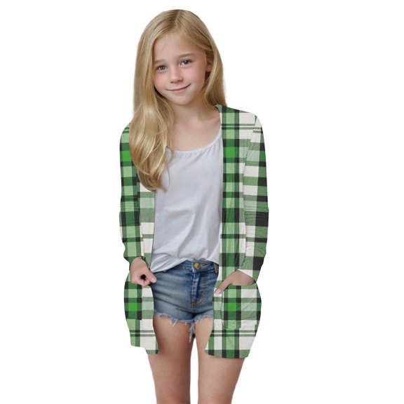 UQJfacai Girls Cardigan Plaid Print Open Front Cute Knit Sweater Top Kids Long Sleeve Causal Outerwear Overcoats with Pockets