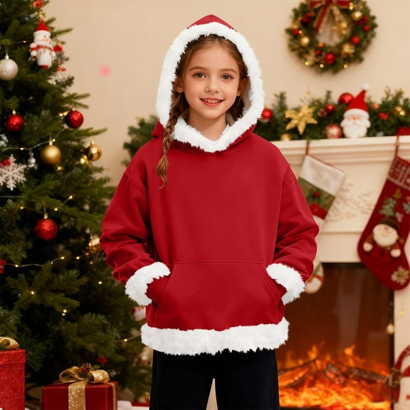 UQJfacai Girls Christmas Hoodies Faux Fur Trim Hooded Sweatshirts Santa Xmas Holiday Long Sleeve Fleece Pullover Sweaters 5-15 Years