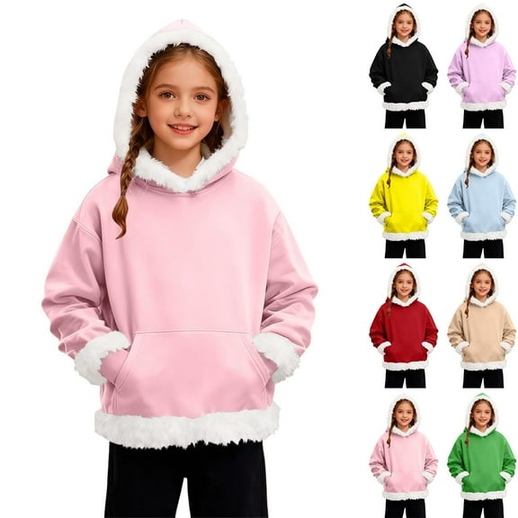 UQJfacai Girls Christmas Hoodies Faux Fur Trim Hooded Sweatshirts Santa Xmas Holiday Long Sleeve Fleece Pullover Sweaters 5-15 Years