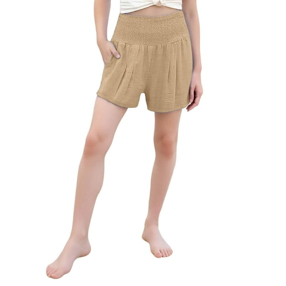 UQJfacai Girls Cotton Linen Shorts Smocked Wide Leg Elastic High Waisted Shorts Loose Casual Summer Pants with Pockets 4-14 Years