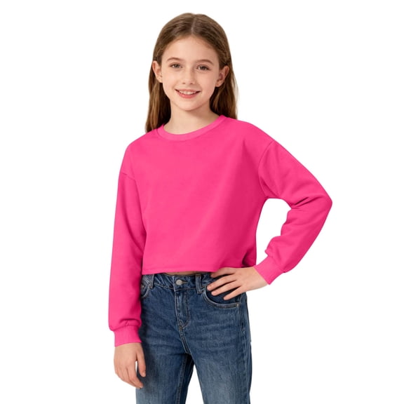 UQJfacai Girls Cropped Crewneck Sweatshirts Kids Fashion Cotton Drop Shoulder Pullover Sweater Casual Long Sleeve Tops 3-15 Years