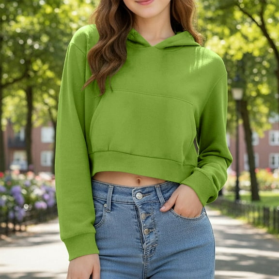 UQJfacai Girls Cropped Hoodie Y2k Fleece Pullover Sweatshirts with Pocket Kids Fall Winter Casual Long Sleeve Crop Tops 4-12 Years