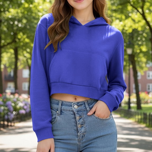 UQJfacai Girls Cropped Hoodie Y2k Fleece Pullover Sweatshirts with Pocket Kids Fall Winter Casual Long Sleeve Crop Tops 4-12 Years