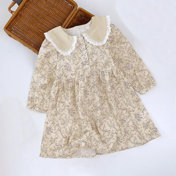 UQJfacai Girls Dress Floral Print Button Down Long Sleeve Dresses Lapel Collar Kids Fall Winter Vintage Toddler Clothes 3-8 Years