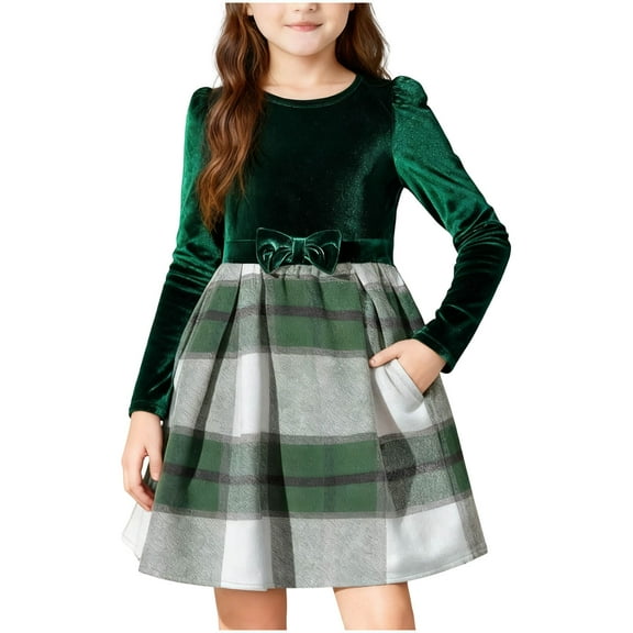UQJfacai Girls Dresses Puff Long Sleeve Plaid Patchwork Bow Casual Midi Dress with Pockets Party Holiday Outfits 4-12 Years