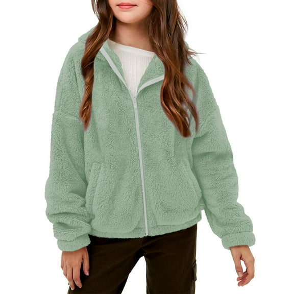 UQJfacai Girls Fleece Jacket Kids Sherpa Hooded Winter Coat Fall Long Sleeve Zip Up Sweatshirt Casual Outerwear with Pockets 5-15 Years
