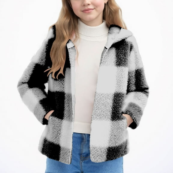 UQJfacai Girls Fleece Jacket Sherpa Plaid Long Sleeve Winter Coat Kids Fall Casual Open Front Hooded Cardigan Outerwear 2-8 Years