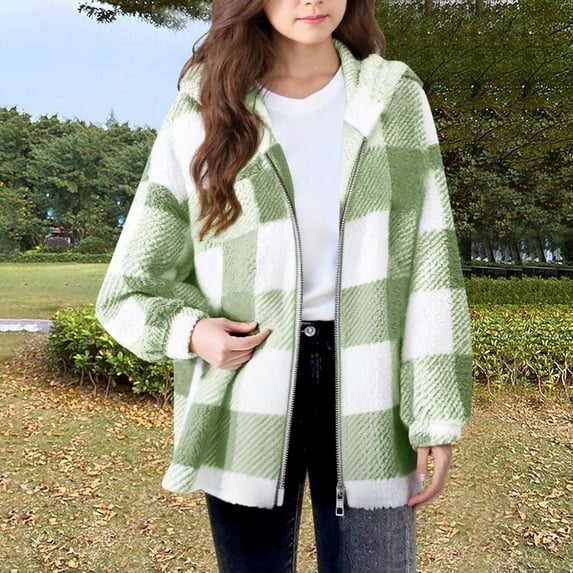 UQJfacai Girls Fleece Jacket Sherpa Plaid Long Sleeve Winter Coat Kids Fall Casual Open Front Hooded Cardigan Outerwear 5-16 Years