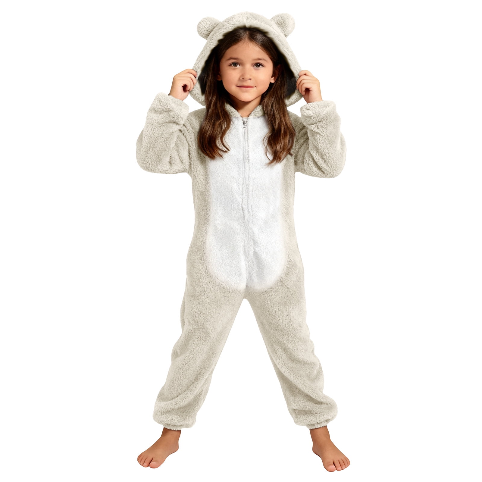 UQJfacai Girls Fleece Onesie Jumpsuit Kids Color Block Warm Sherpa Romper One Piece Zipper Cat Ear Hooded Cute Loungewear 4-14 Years