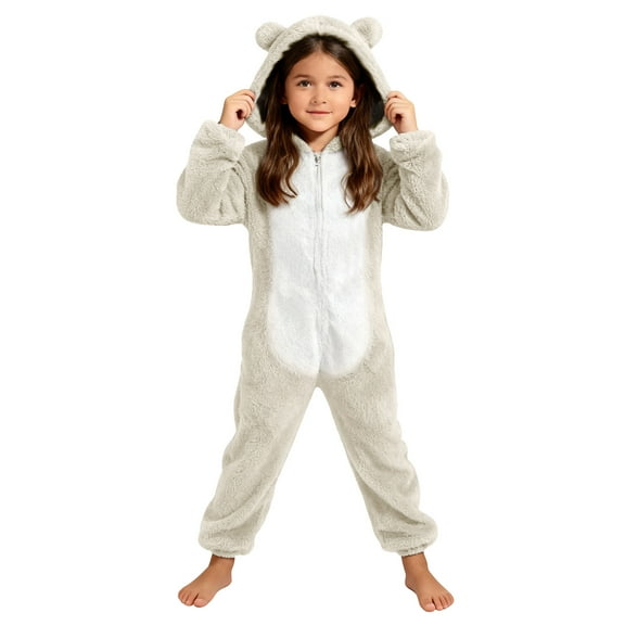 UQJfacai Girls Fleece Onesie Jumpsuit Kids Color Block Warm Sherpa Romper One Piece Zipper Cat Ear Hooded Cute Loungewear 4-14 Years