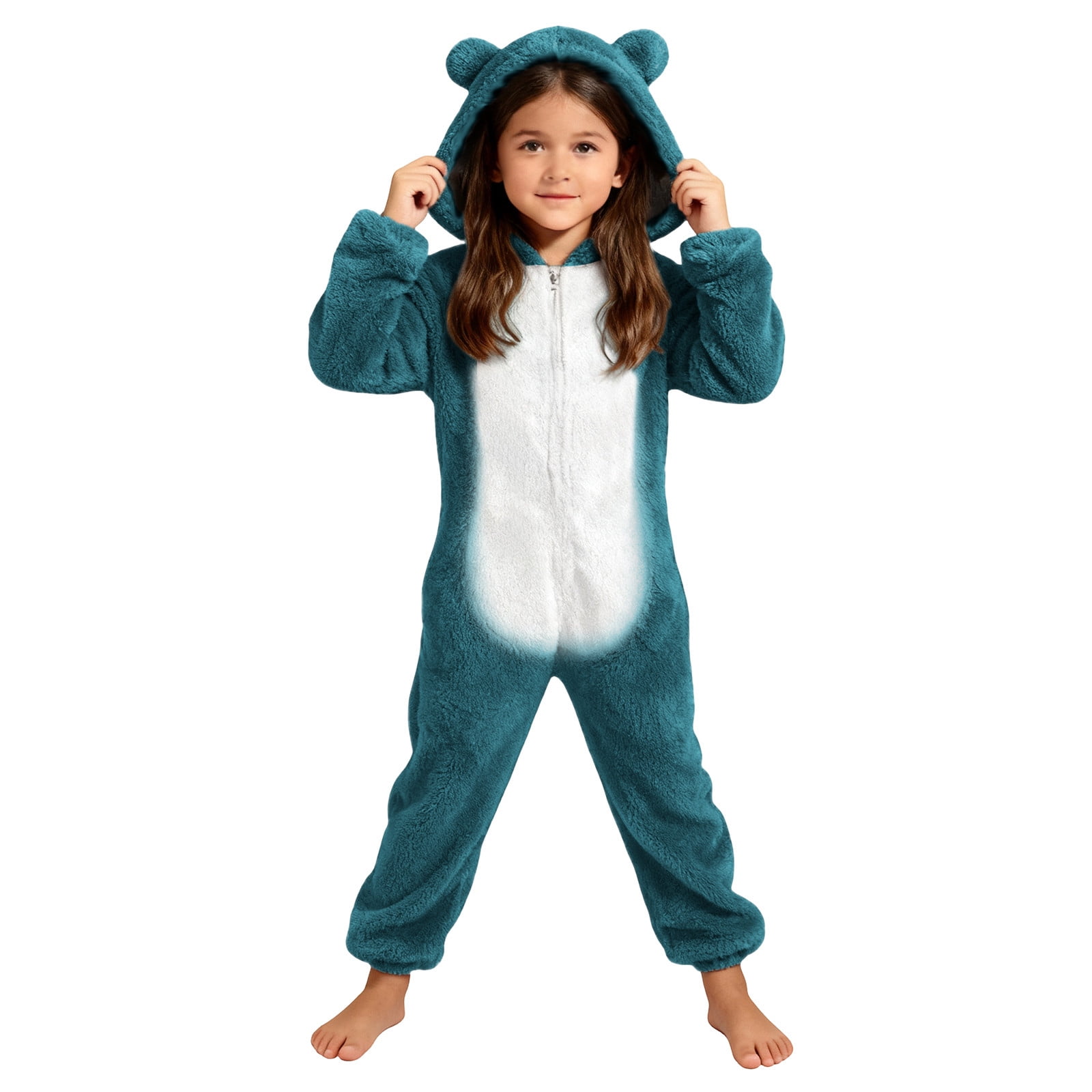 UQJfacai Girls Fleece Onesie Jumpsuit Kids Color Block Warm Sherpa Romper One Piece Zipper Cat Ear Hooded Cute Loungewear 4-14 Years