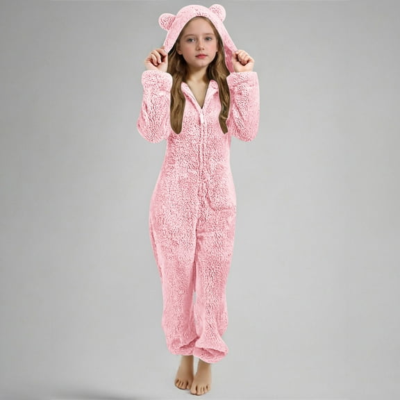 UQJfacai Girls Fleece Onesie Pajamas Jumpsuit Kids Warm Sherpa Romper One Piece Zipper Cat Ear Hooded Cute Playsuit Sleepwear 5-15 Years