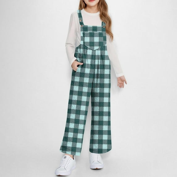 UQJfacai Girls Fleece Overalls Winter Warm Plaid Sherpa Fuzzy Jumpsuit Kids Casual Adjustable Straps Romper with Pockets 5-14 Years