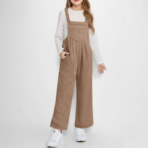 UQJfacai Girls Fleece Overalls Winter Warm Sherpa Fuzzy Jumpsuit Kids Casual Adjustable Straps Romper with Pockets 5-14 Years