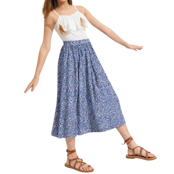 UQJfacai Girls Floral Boho Midi Skirt Flowy Maxi Skirt with Elastic Waist A Line Casual Summer Maxi Skirts for Kids 5-14 Years