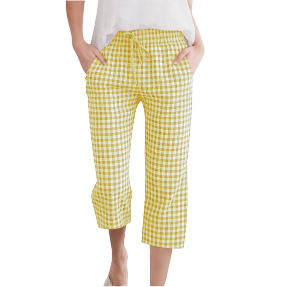 UQJfacai Girls Gingham Pants Linen Summer Casual Capri Pant Drawstring High Waist Lounge Wide Leg Cropped Trouser Pockets 4-14 Years