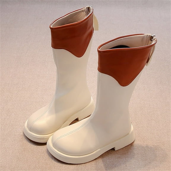 UQJfacai Girls Knee High Boots Kids Mid Calf Riding Boots Faux Leather Back Zipper Fall Boots Winter Color Block Non-Slip Low Heels Booties