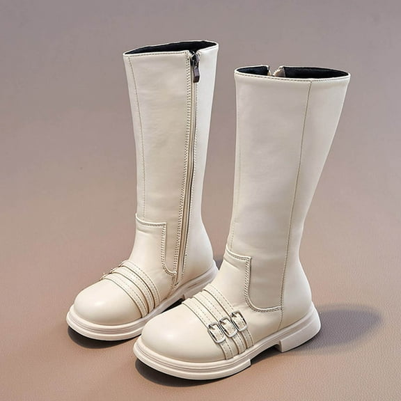 UQJfacai Girls Knee High Boots Kids Mid Calf Riding Boots Faux Leather Side Zipper Fall Boots Winter Low Heels Snow Booties