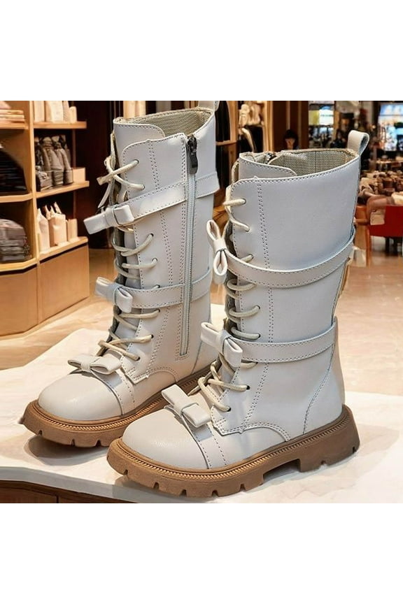 Girls Knee High Boots Kids Mid Calf Riding Boots with Buckles Winter Snow Boots Bowknot Faux Leather Lace Up Side Zipper Fall Boots