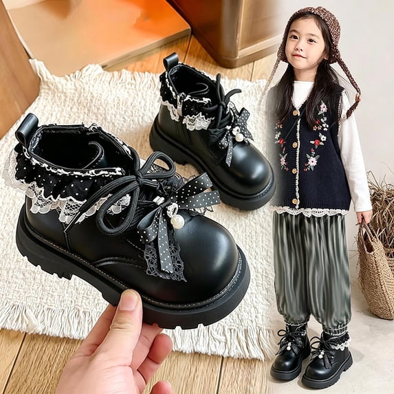 UQJfacai Girls Lace Trim Ankle Boots Bow Platform Round Toe Boot Non ...
