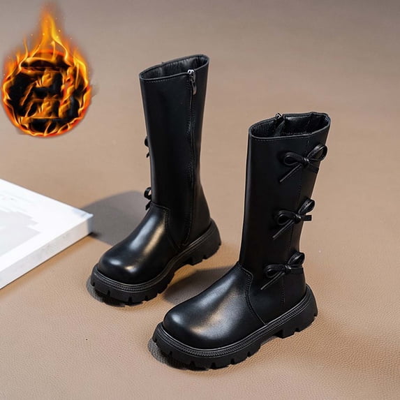 UQJfacai Girls Lace Up Riding Boots Bow Fleece Lined Mid Calf Boots Fall Winter PU Leather Side Zipper Punk Goth Boot Non Slip Cowgirl Booties