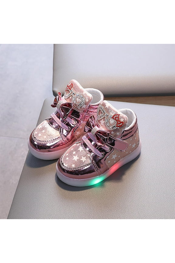 Girls Light Up Shoes Kids First Walker Shoes Glitter Flashing Sneakers Fall Winter Toddler Cute Bowknot Athletic Tennis Shoes