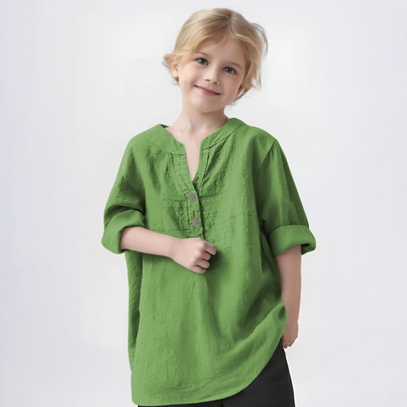 UQJfacai Girls Linen Shirts Oversized Roll Up Long Sleeve Henley Blouses Summer Beach Casual Button V Neck Cotton Tops 3-12 Years