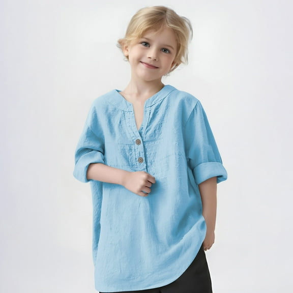 UQJfacai Girls Linen Shirts Oversized Roll Up Long Sleeve Henley Blouses Summer Beach Casual Button V Neck Cotton Tops 3-12 Years