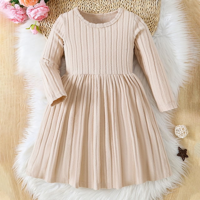 UQJfacai Girls Long Sleeve Dress Girls Ruffle Ribbed Knit Sweater Dresses Kids Swing A Line Holiday Fall Winter Clothes 3-10 Years