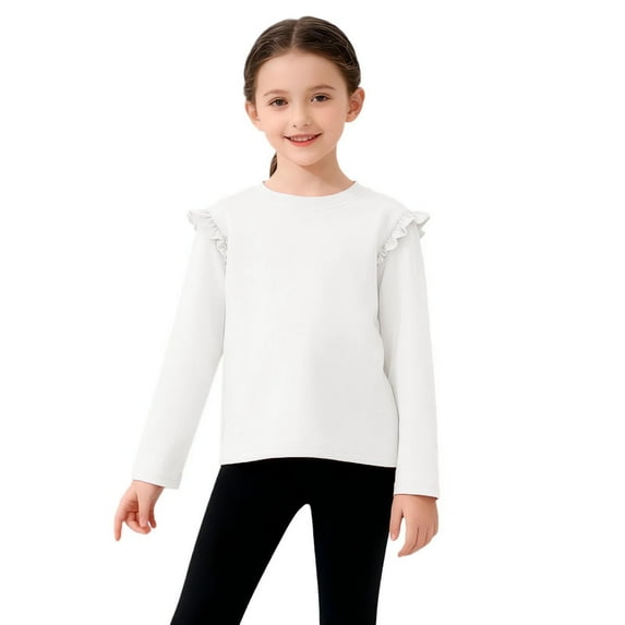 UQJfacai Girls Long Sleeve Ruffle T-Shirt Kids Casual Plain Solid Cotton Top Blouse Spring Fall Crewneck Layering Shirt 3-14 Years