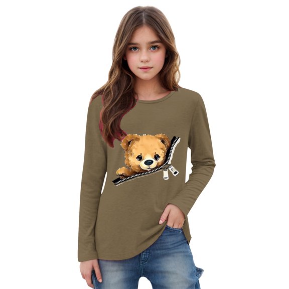 UQJfacai Girls Long Sleeve Shirts Kids Bear Graphic Tees Casual Fall Tunic Tops Fashion Crewneck Cute Blouses 2-15 Years