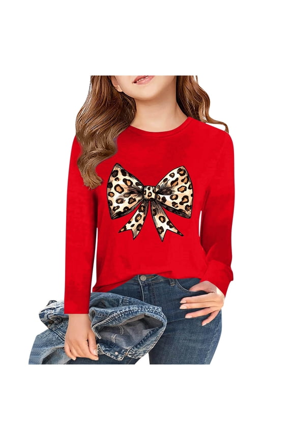 Girls Long Sleeve Shirts Kids Leopard Print Bow Graphic Tees Casual Fall Tunic Tops Fashion Crewneck Cute Blouses 2-15 Years