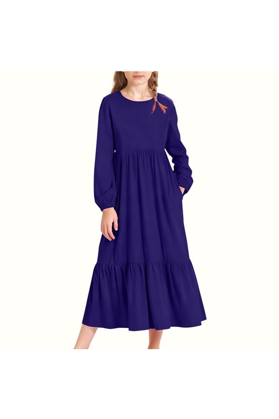 Girls Maxi Dress Long Sleeve Crew Neck Casual Dresses Ruffle Flowy Dress with Pockets Party Holiday Outfits 4-15 Years