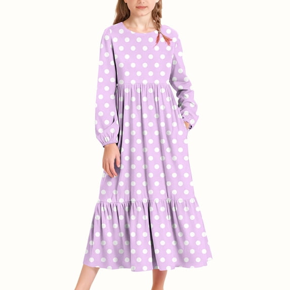 UQJfacai Girls Maxi Dress Polka Dot Long Sleeve Crewneck Casual Dresses Ruffle Flowy Dress with Pockets Party Holiday Outfits 4-15 Years