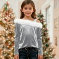 thumbnail image 1 of UQJfacai Girls Off The Shoulder Velvet Tops Kids Faux Fur Trim Long Sleeve Shirts Fall Winter Party Holiday Blouse Tee 4-14 Years, 1 of 7