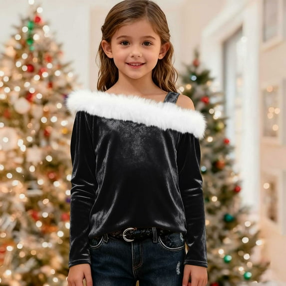 UQJfacai Girls Off The Shoulder Velvet Tops Kids Faux Fur Trim Long Sleeve Shirts Fall Winter Party Holiday Blouse Tee 4-14 Years