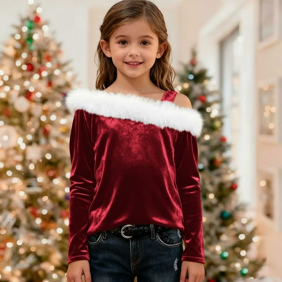 UQJfacai Girls Off The Shoulder Velvet Tops Kids Faux Fur Trim Long Sleeve Shirts Fall Winter Party Holiday Blouse Tee 4-14 Years