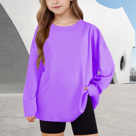 UQJfacai Girls Oversized T Shirts Kids Trendy Long Sleeve Crewneck Shirt Summer Tops Casual Crewneck Basic Tees 5-12 Years