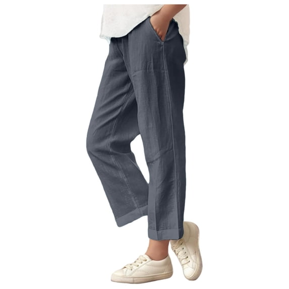 UQJfacai Girls Pants Cotton Linen Kids Summer Casual Pants Elastic High Waist Lounge Straight Leg Trouser with Pockets 6-15 Years